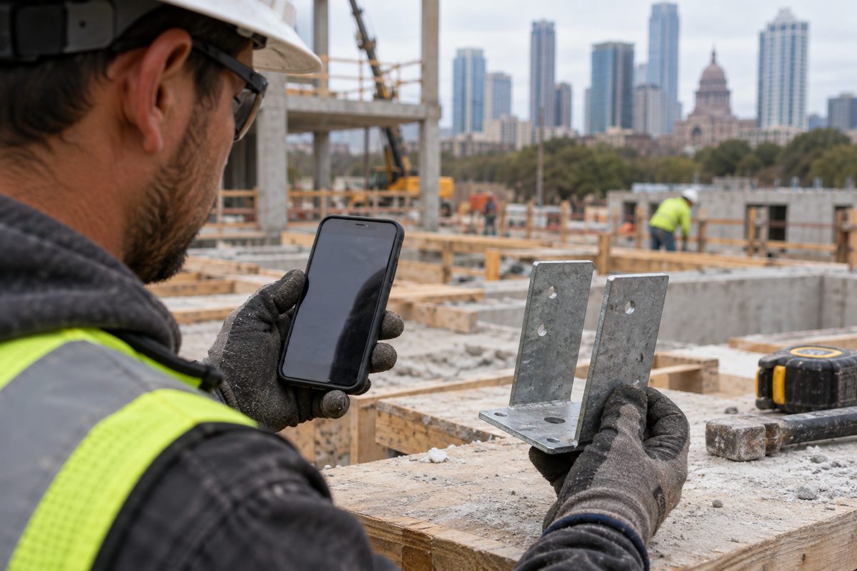 Worker holding a phone beside a construction component sample