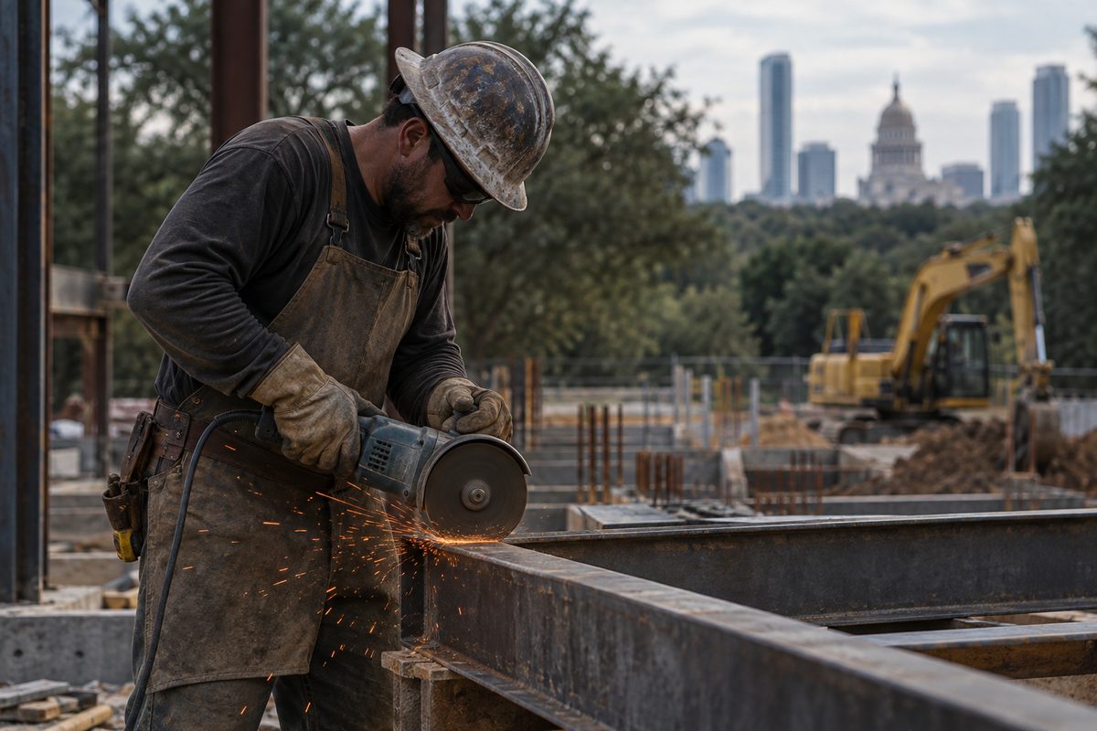 Worker cutting a steel section with an abrasive disc