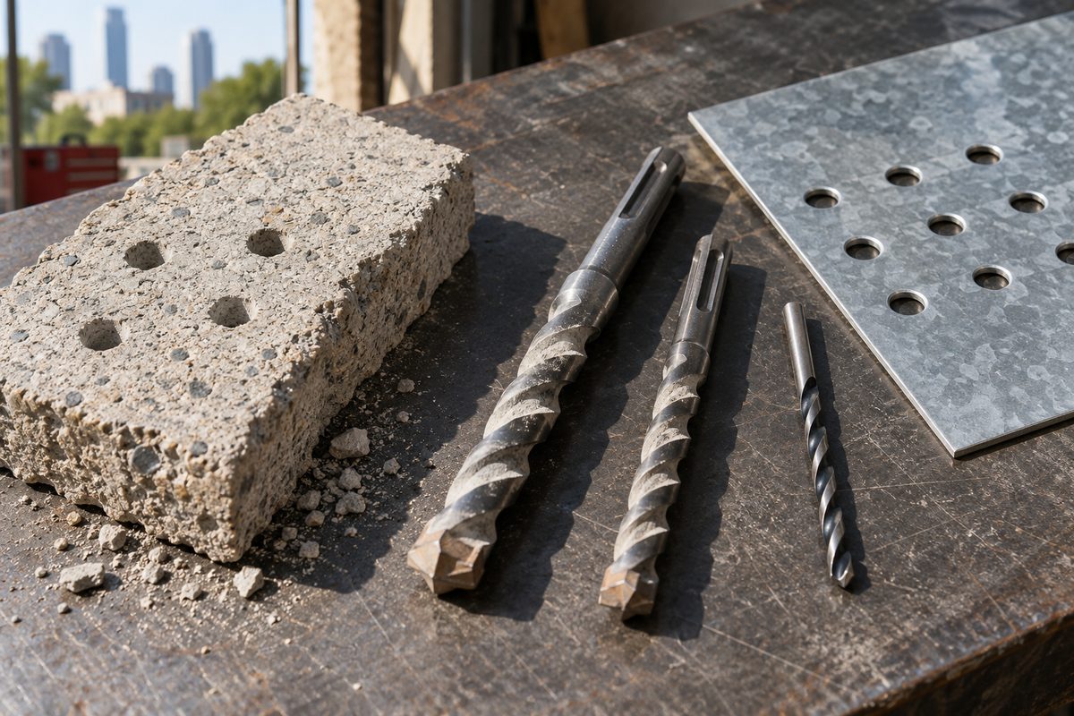 Masonry and metal drill bits beside drilled samples